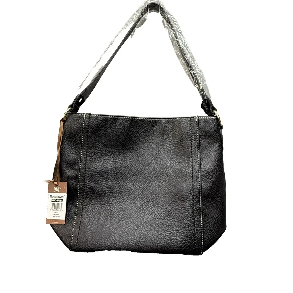 Montana West Hobo Bag Women Vegan Leather Pebbled Black  Zip Closure ‎ Purse